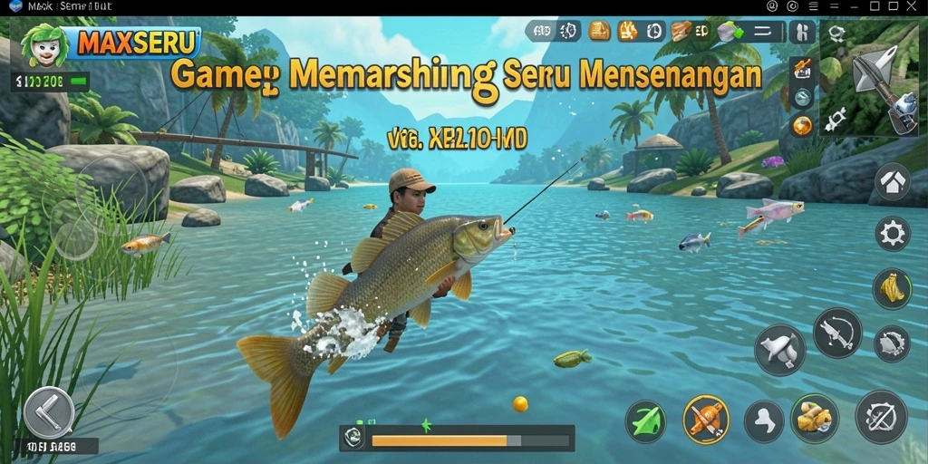 Tampilan gameplay seru dalam MAXSERU dengan aktivitas memancing.