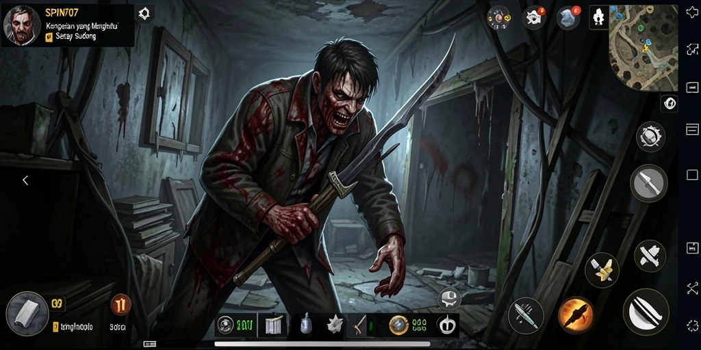 Screenshot gameplay SPIN707 menampilkan momen mencekam saat berhadapan dengan monster.